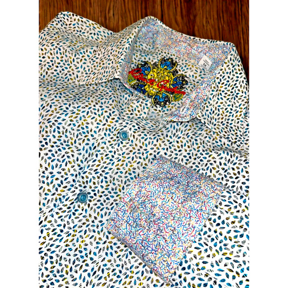 Robert Graham Shirt M Falling Leaves Flip Cuff Allover Print Cotton EUC - Picture 1 of 8